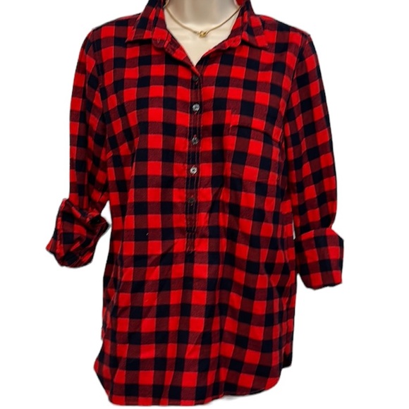 J. Crew Red & Navy Plaid Flannel Popover - Picture 2 of 4